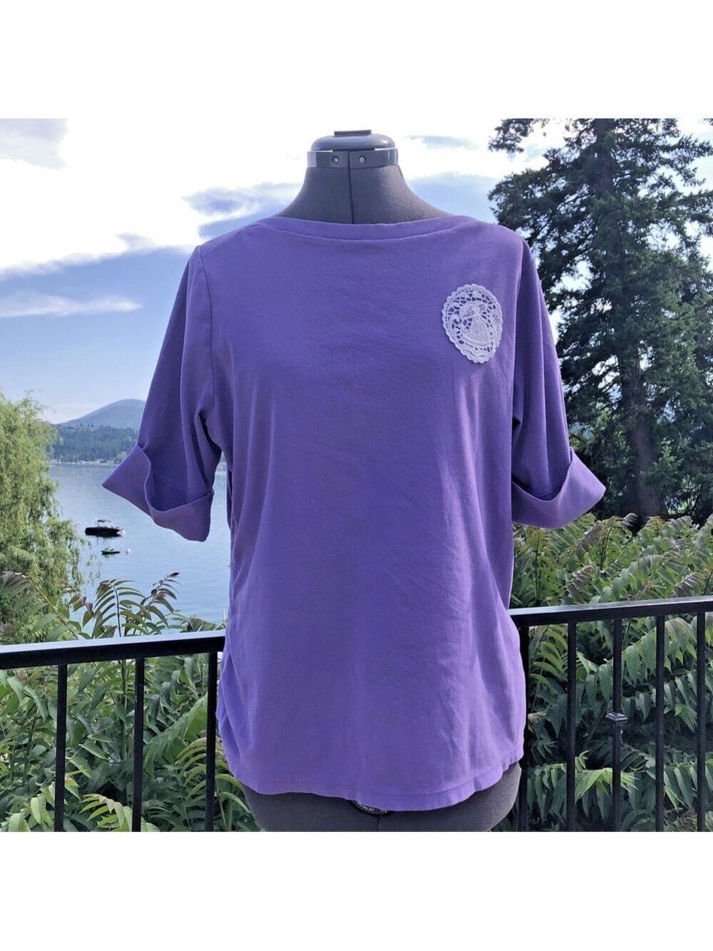Size 1X Lauren Ralph Lauren Women’s Boat Neck T-Shirt Stretch Embroidered JO